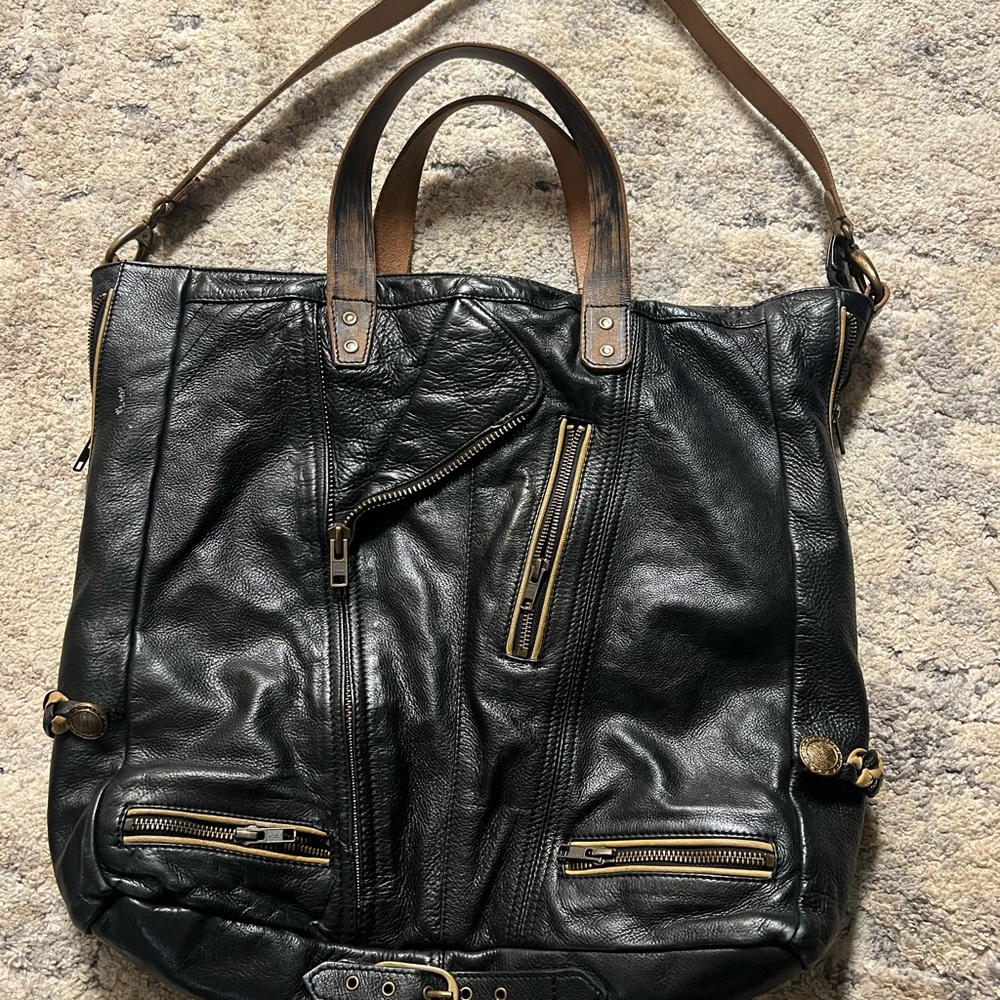 Free People Black Leather Tote with Brown Accents